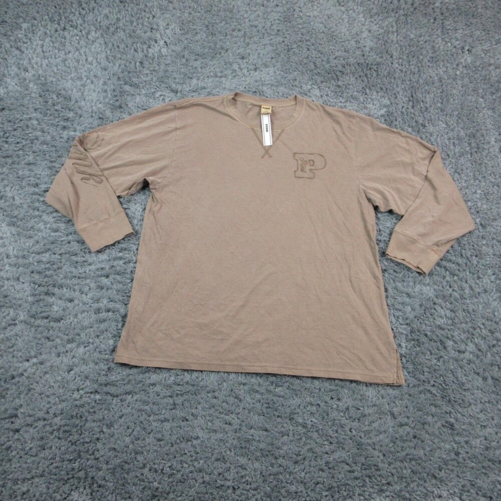 PINK Victoria's Secret Shirt Womens L Brown 3/4 Sleeve Crew Neck Embroidered NWT